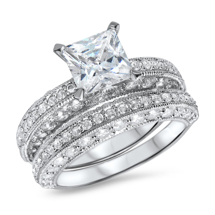 Front view of the women's princess-cut cz bridal ring set, showing the engagement ring and matching wedding band on white.