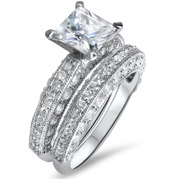 Angled view of the women's princess-cut cz bridal ring set, showing the engagement ring and matching wedding band on white.