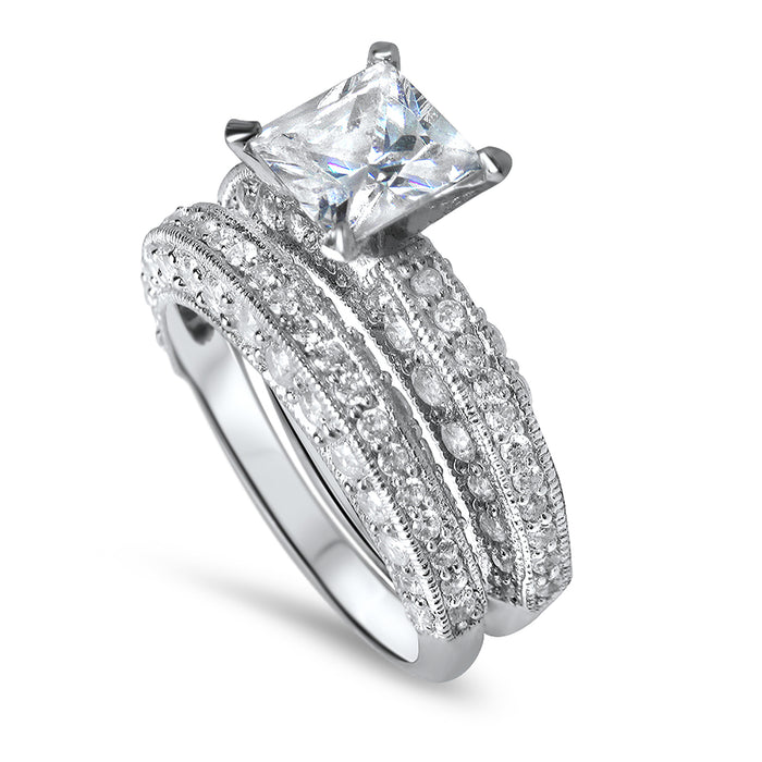 Side view of the women's princess-cut cz bridal ring set, showing the engagement ring and matching wedding band on white.