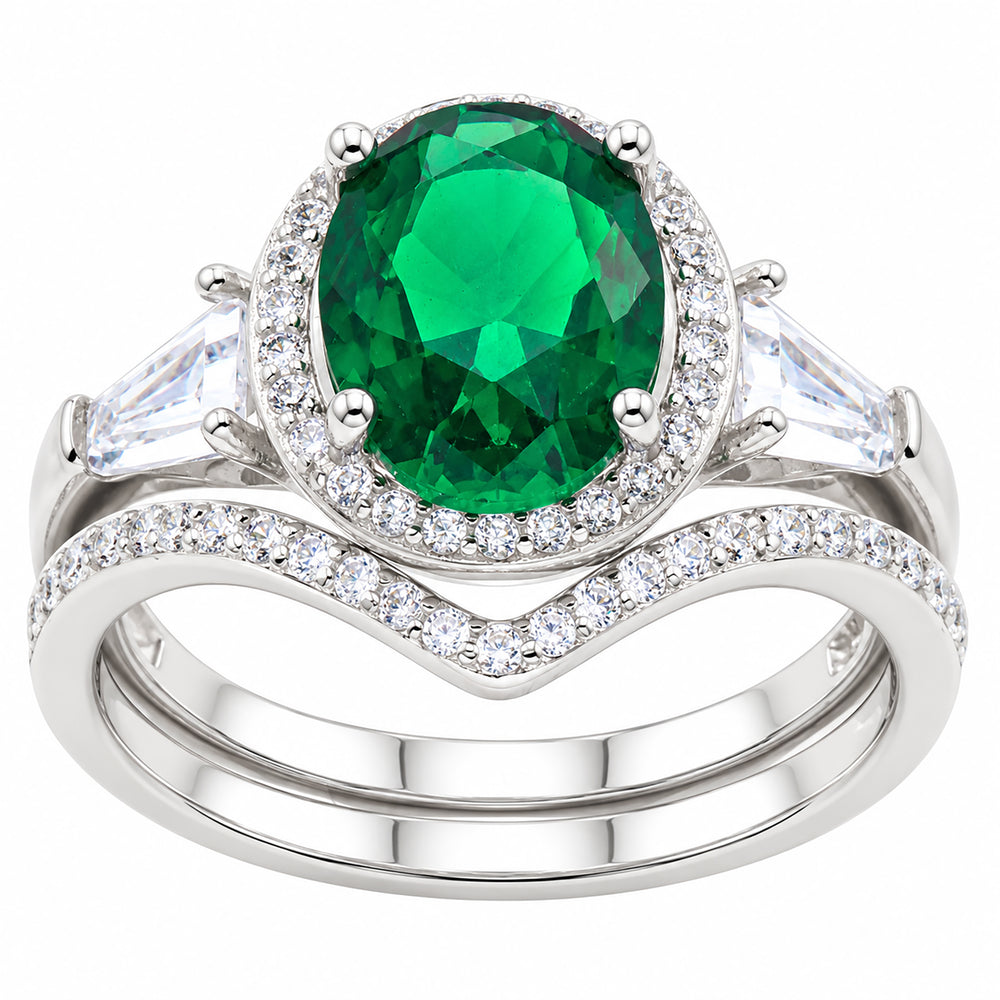LaRaso & Co Simulated Emerald Green CZ Silver Wedding Engagement Ring Set