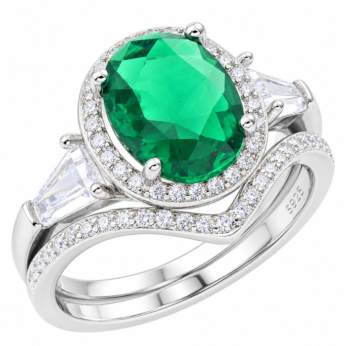 LaRaso & Co Simulated Emerald Green CZ Silver Wedding Engagement Ring Set