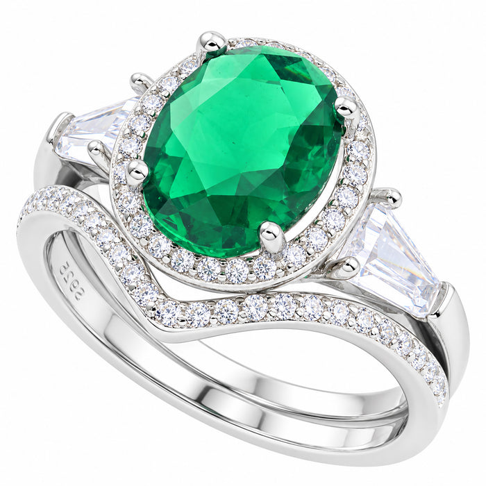 LaRaso & Co Simulated Emerald Green CZ Silver Wedding Engagement Ring Set