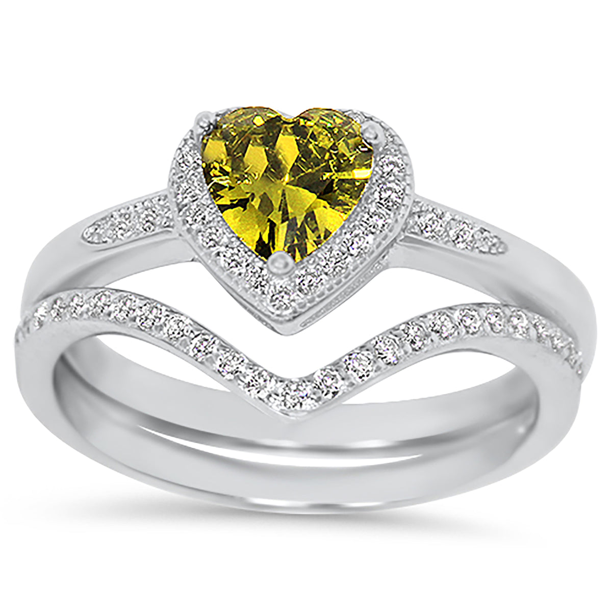 Front view of simulated Peridot Green CZ Wedding and Engagement Ring Set