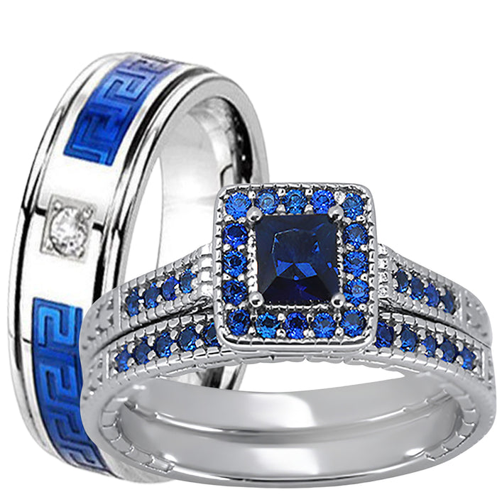 His Her Wedding Ring Set 3 Piece TRIO Blue CZ Silver Rings for Women Men Bride Groom 1