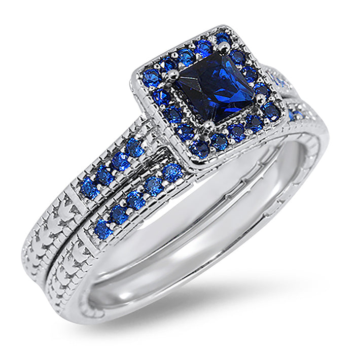 His Her Wedding Ring Set 3 Piece TRIO Blue CZ Silver Rings for Women Men Bride Groom