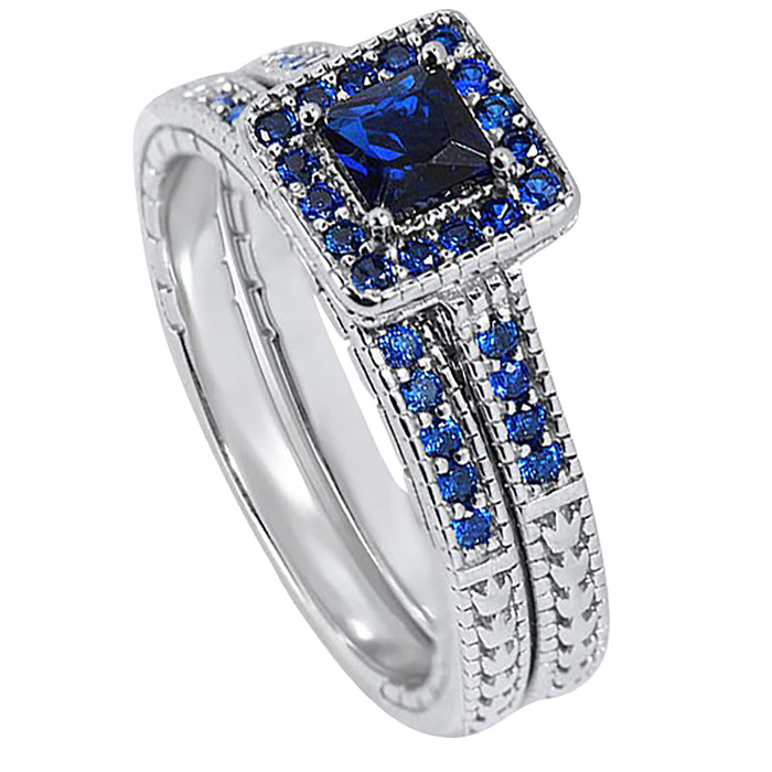 Princess Cut Sterling Silver Simulated Blue Sapphire Wedding Engagement Ring Set for Women