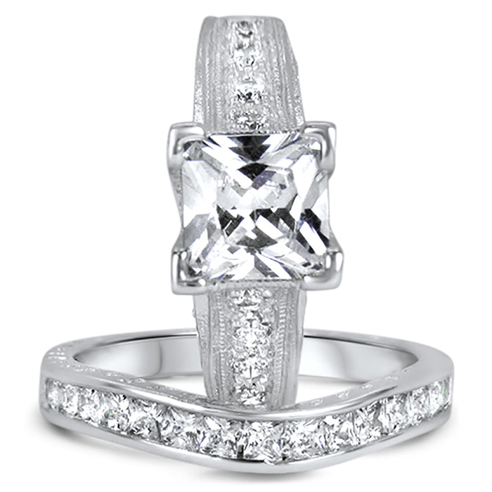 Sterling Silver CZ Wedding Engagement Ring Set