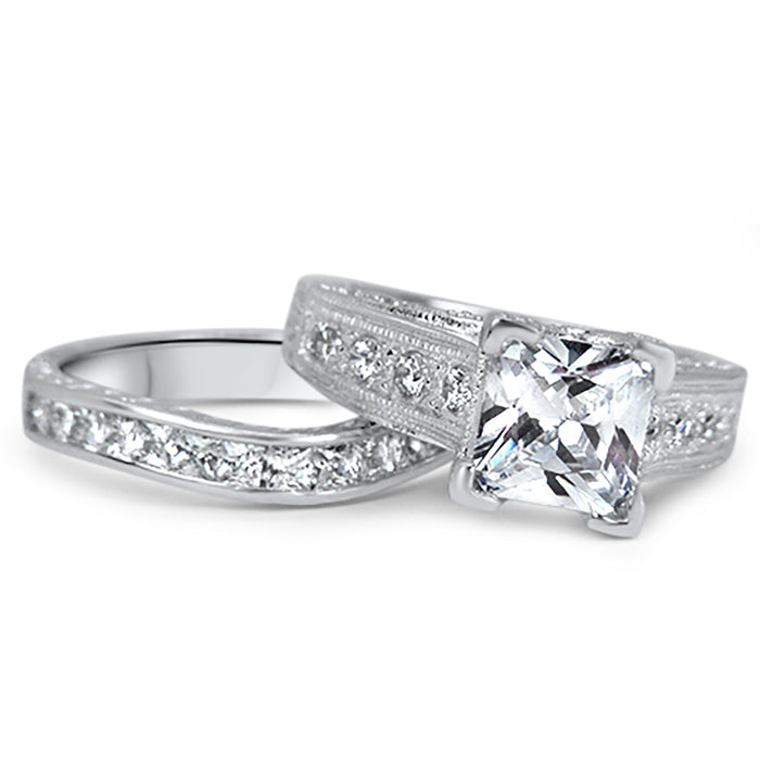 Sterling Silver CZ Wedding Engagement Ring Set