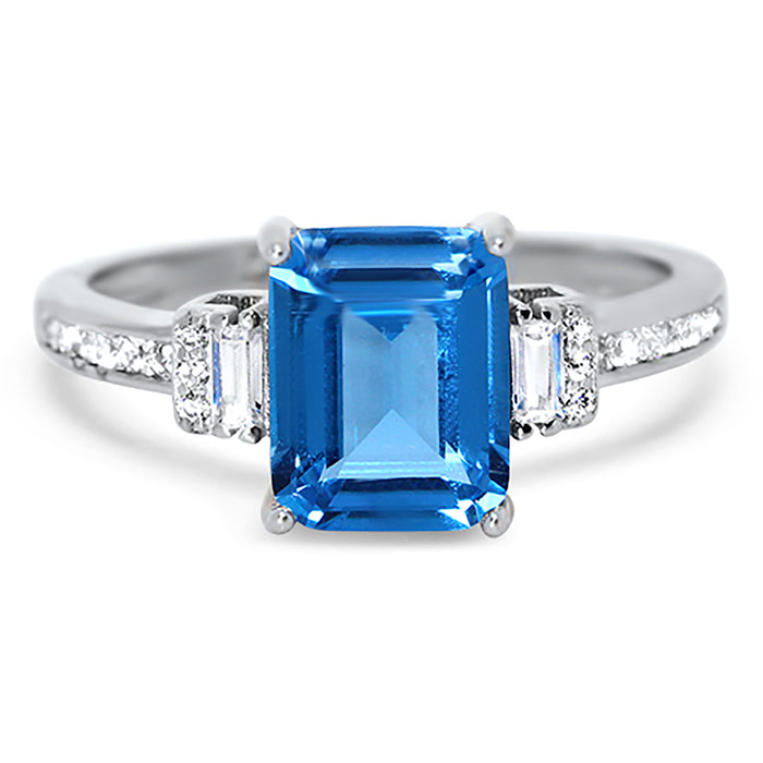 Sterling Silver 3 Stone Simulated Blue Topaz Engagement Promise Ring for Women