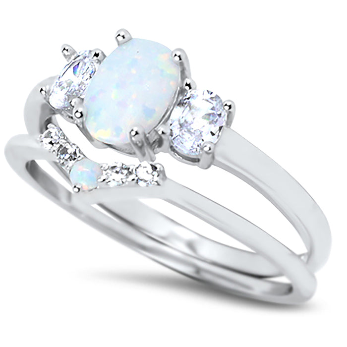 His Her White Opal Sterling Silver TRIO Wedding Ring Set