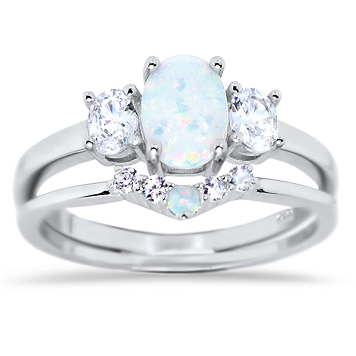 His Her White Opal Sterling Silver TRIO Wedding Ring Set