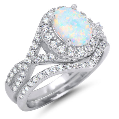 Alternate view of white Opal Halo Sterling Silver Wedding and Engagement Ring Set | Style 57978