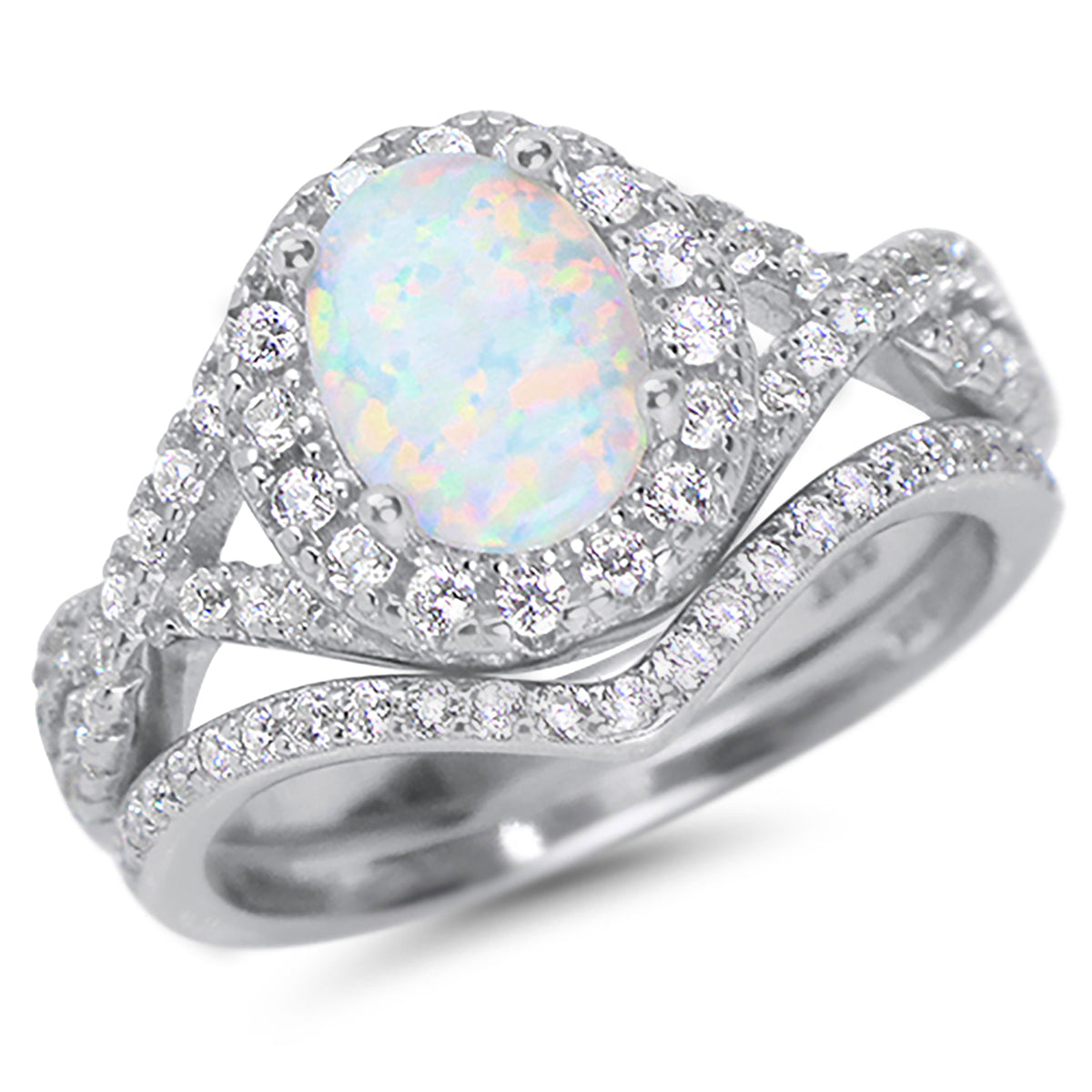 Alternate view of white Opal Halo Sterling Silver Wedding and Engagement Ring Set | Style 57978