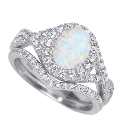 Alternate view of white Opal Halo Sterling Silver Wedding and Engagement Ring Set | Style 57978