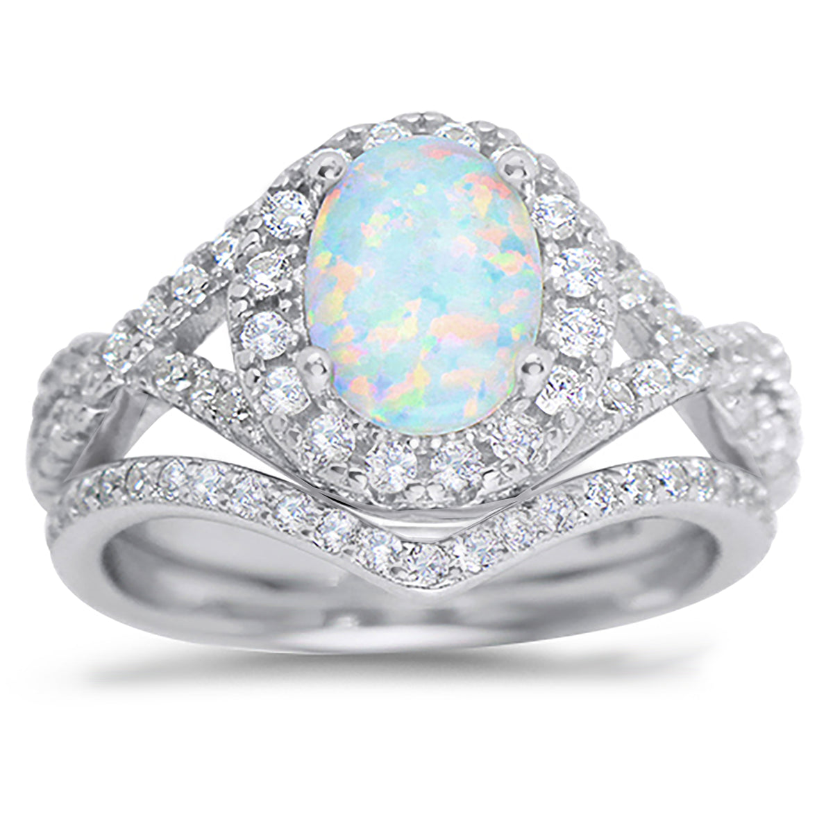 Front view of white Opal Halo Sterling Silver Wedding and Engagement Ring Set | Style 57978