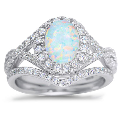 Front view of white Opal Halo Sterling Silver Wedding and Engagement Ring Set | Style 57978