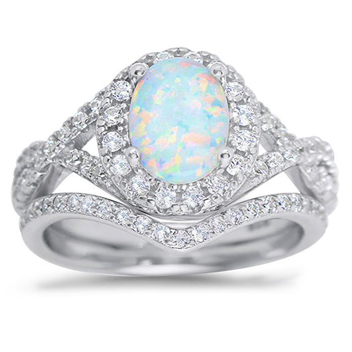 His Her Sterling Silver Opal TRIO Wedding Ring Set