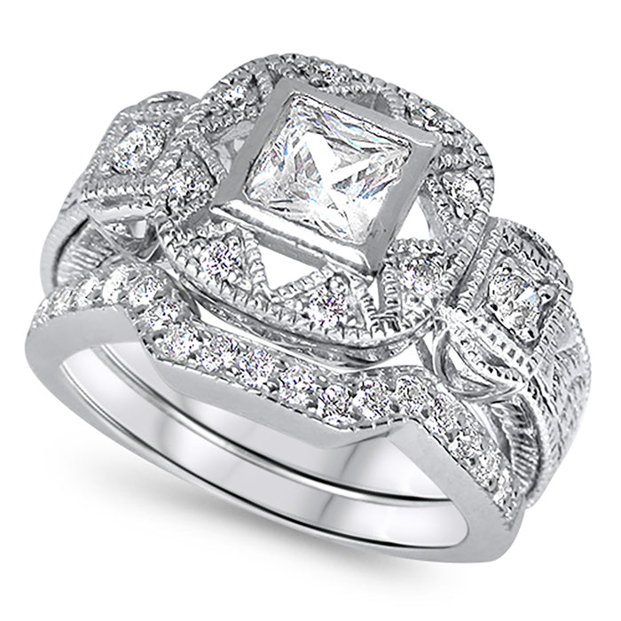 Sterling Silver CZ Wedding Engagement Ring Set