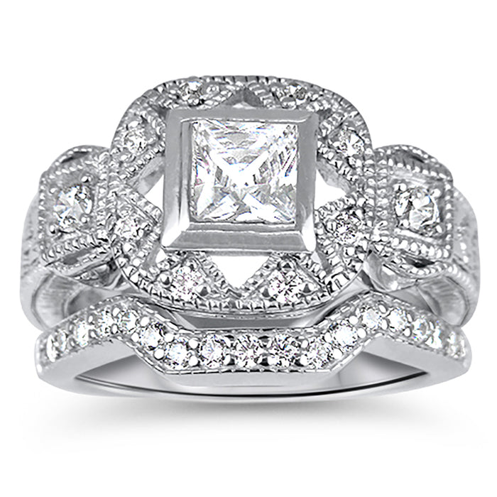 Sterling Silver CZ Wedding Engagement Ring Set