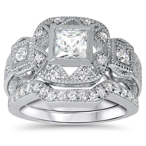 Sterling Silver CZ Wedding Engagement Ring Set