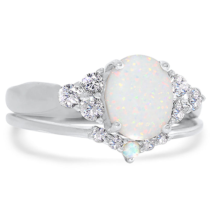 White Opal CZ Wedding Engagement Ring Set