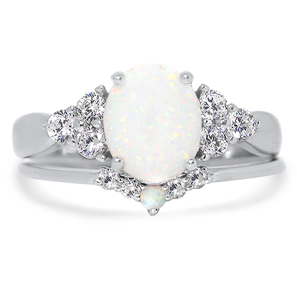 White Opal CZ Wedding Engagement Ring Set