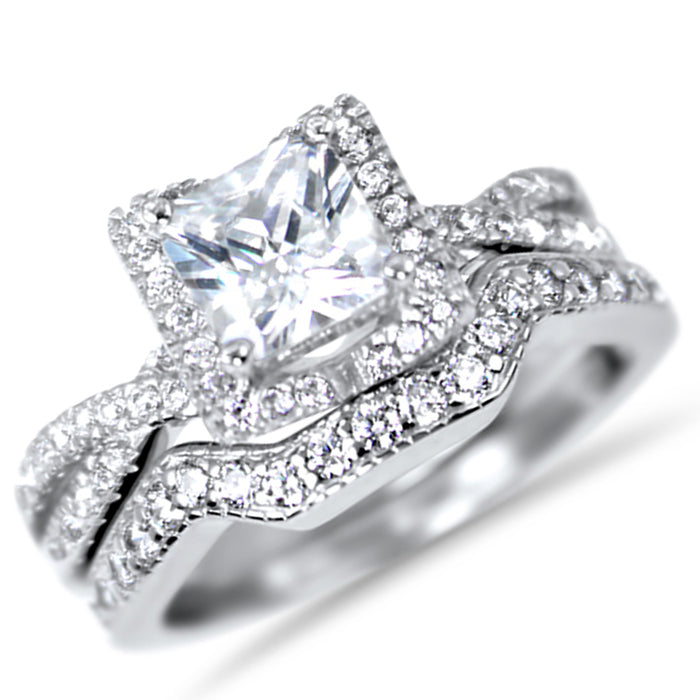 Sterling Silver CZ Wedding Engagement Ring Set