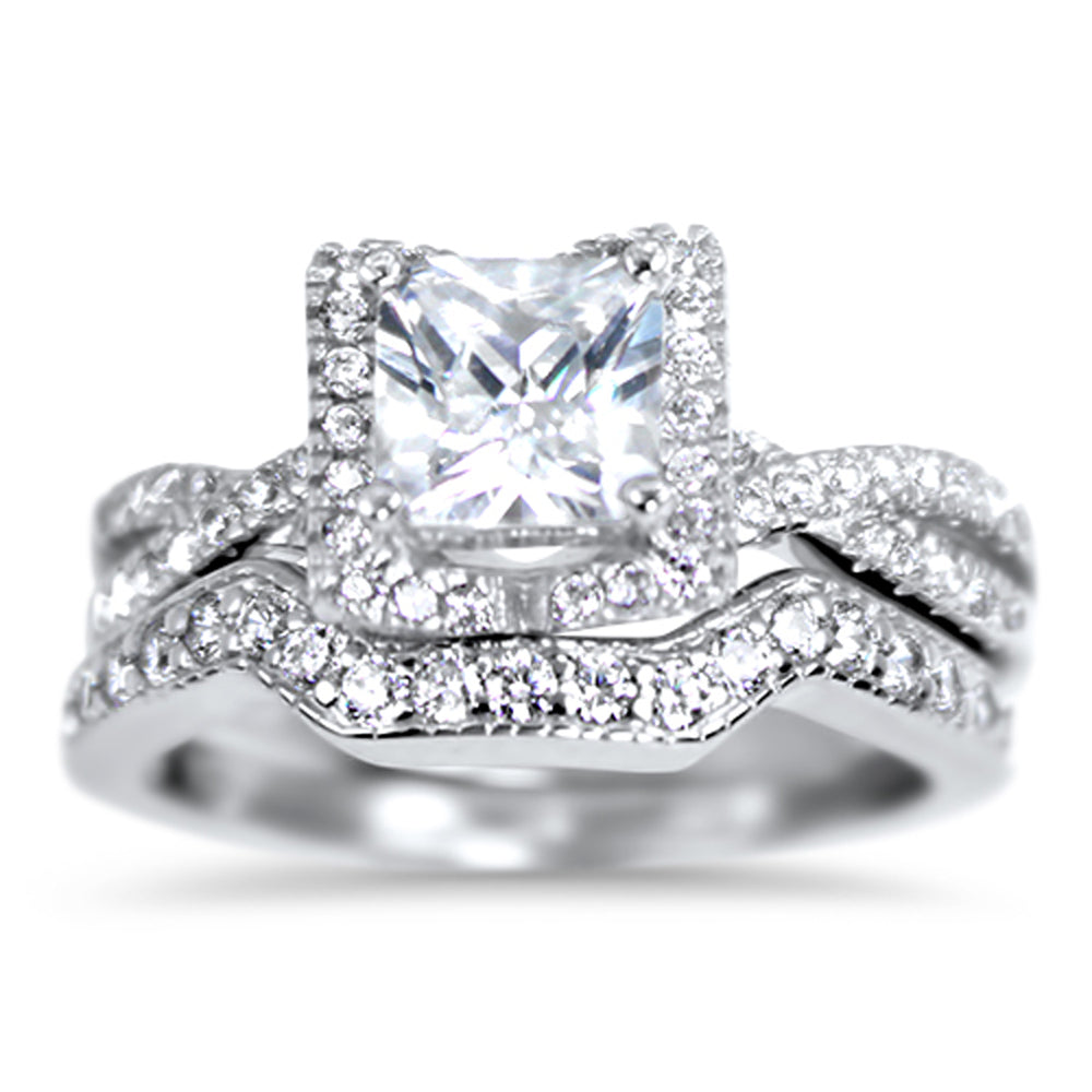 Sterling Silver CZ Wedding Engagement Ring Set