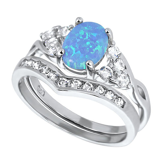 His Her Wedding Set 3 Piece TRIO Blue Opal CZ Silver Rings for Women Men Bride Groom