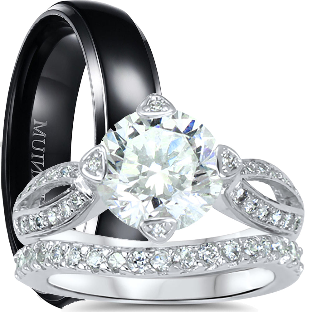 His and hers 3-piece CZ wedding ring set with sterling silver bridal rings and titanium men's band on white background