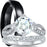 His and hers 3-piece CZ wedding ring set with sterling silver bridal rings and titanium men's band on white background