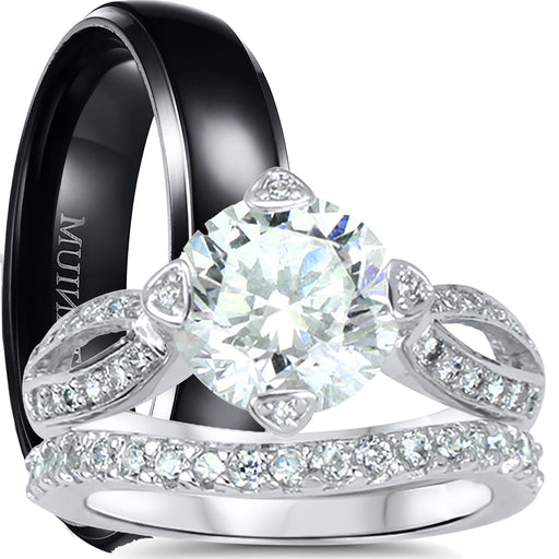 His and hers 3-piece CZ wedding ring set with sterling silver bridal rings and titanium men's band on white background