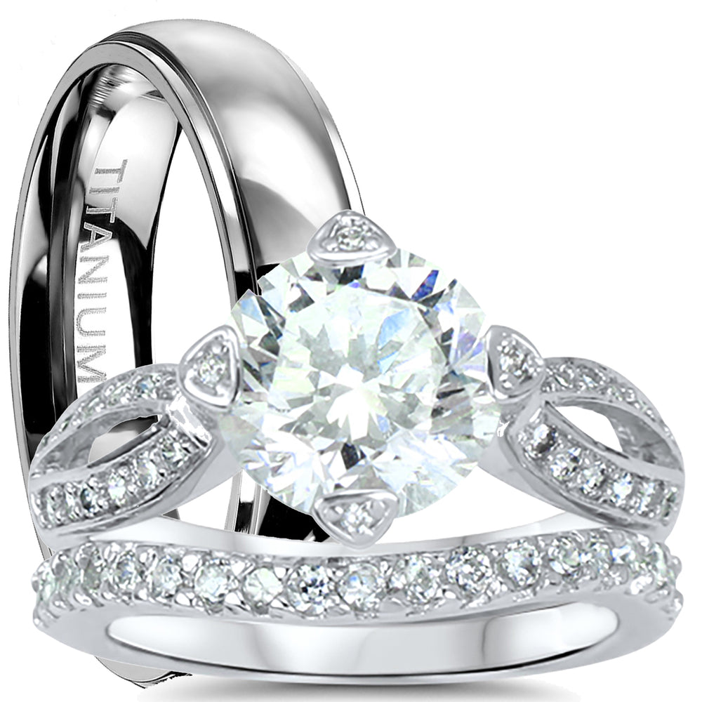 His and hers 3-piece CZ wedding ring set with sterling silver bridal rings and titanium men's band on white background