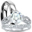 His and hers 3-piece CZ wedding ring set with sterling silver bridal rings and titanium men's band on white background