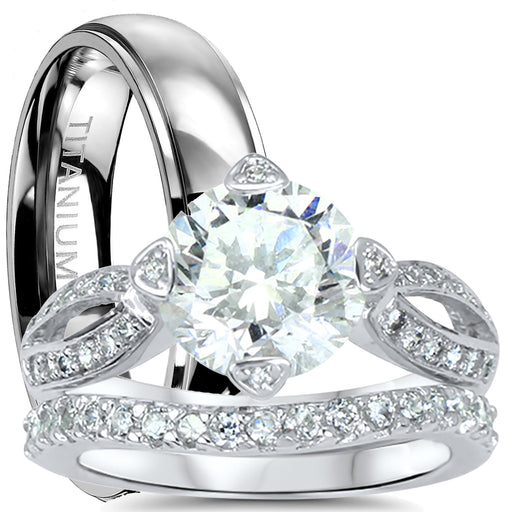 His and hers 3-piece CZ wedding ring set with sterling silver bridal rings and titanium men's band on white background