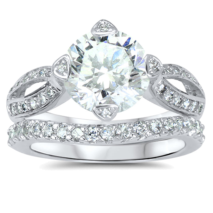 Front view of the women's cz bridal ring set, showing the engagement ring and matching wedding band on white.