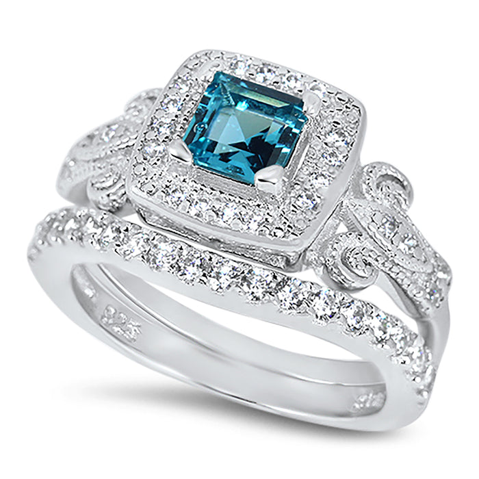 LaRaso & Co Wedding Ring Set His Hers 925 Silver Blue Simulted Topaz Engagement TRIO Set Him Her 6/10