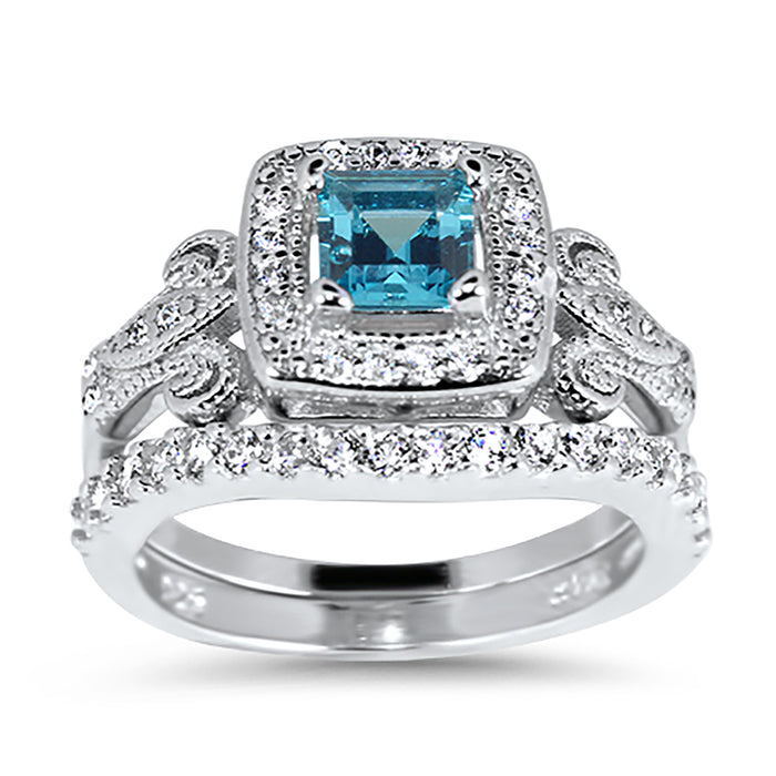 LaRaso & Co Wedding Ring Set His Hers 925 Silver Blue Simulted Topaz Engagement TRIO Set Him Her 6/10