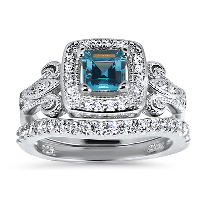 LaRaso & Co Wedding Ring Set His Hers 925 Silver Blue Simulted Topaz Engagement TRIO Set Him Her 6/10