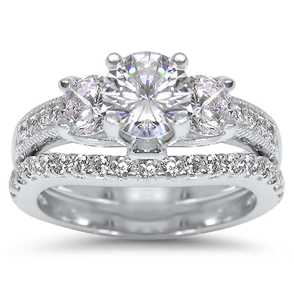 Three Stone CZ Wedding Engagement Ring Set