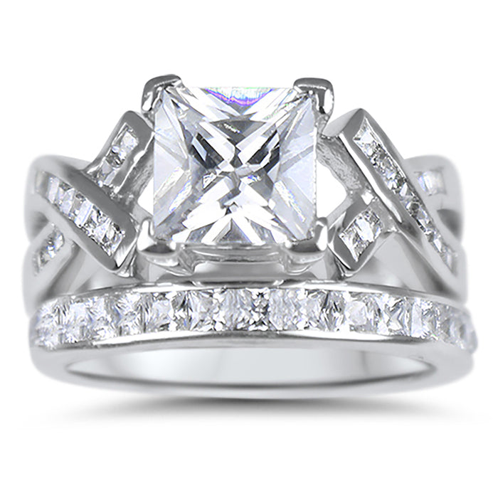 Sterling Silver CZ Wedding Engagement Ring Set