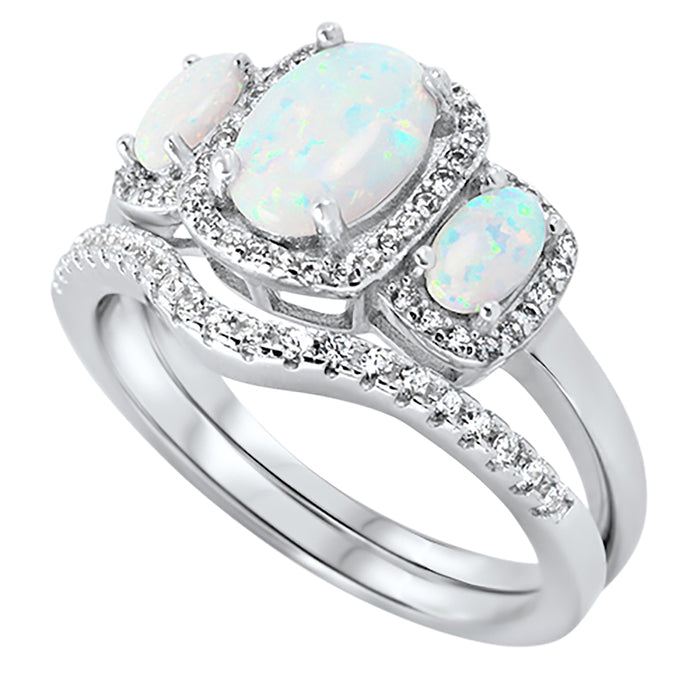 White Opal Wedding Engagement Ring Set for Women