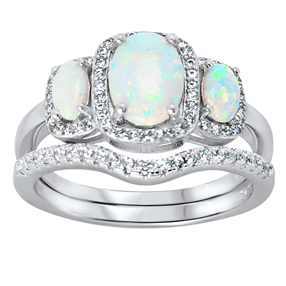 White Opal Wedding Engagement Ring Set for Women