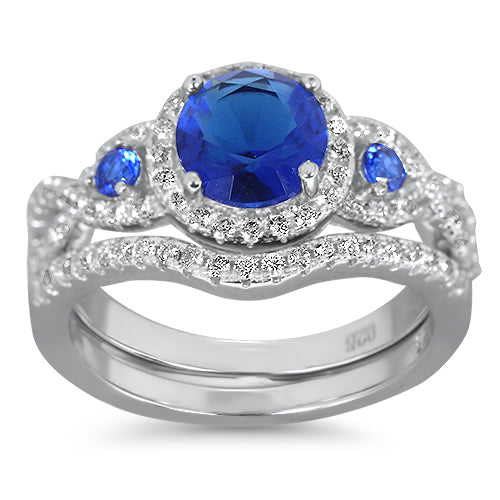 Vintage Simulated Blue Sapphire Sterling Silver Wedding Engagement Ring Set for Women