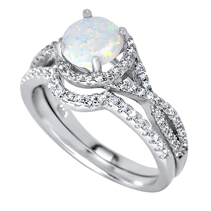 His Her Wedding Rings Sterling Silver Opal CZ Engagement TRIO Set Him Her