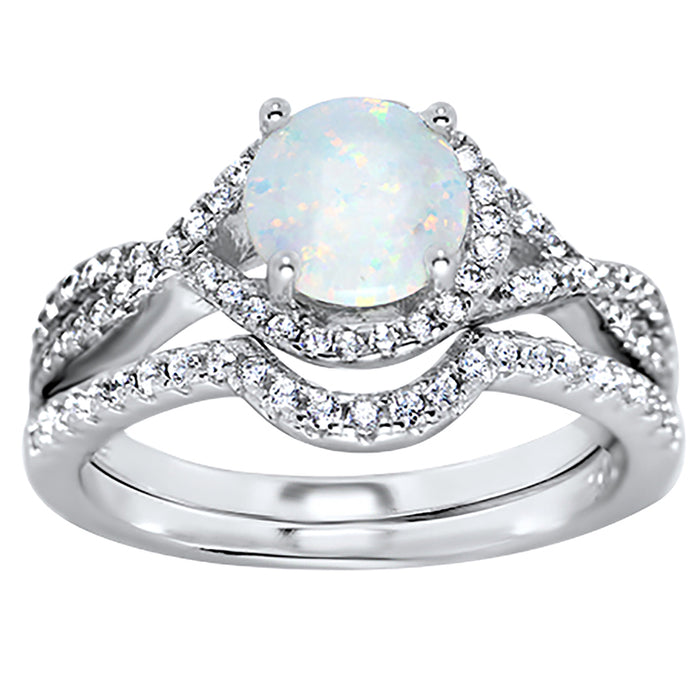 His Her Wedding Rings Sterling Silver Opal CZ Engagement TRIO Set Him Her