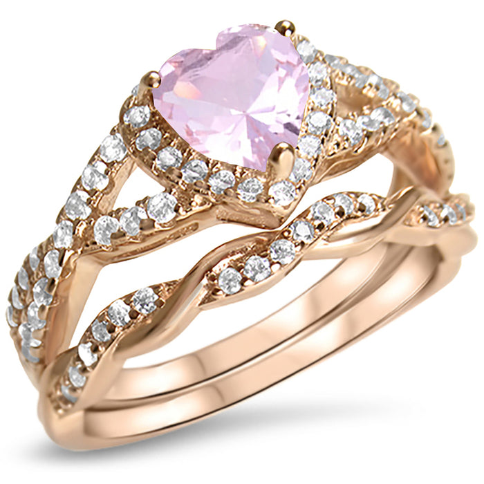 Pink October Birthstone Wedding Engagement Ring Set