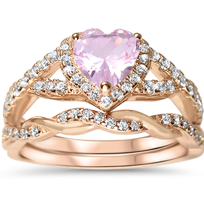 Pink October Birthstone Wedding Engagement Ring Set