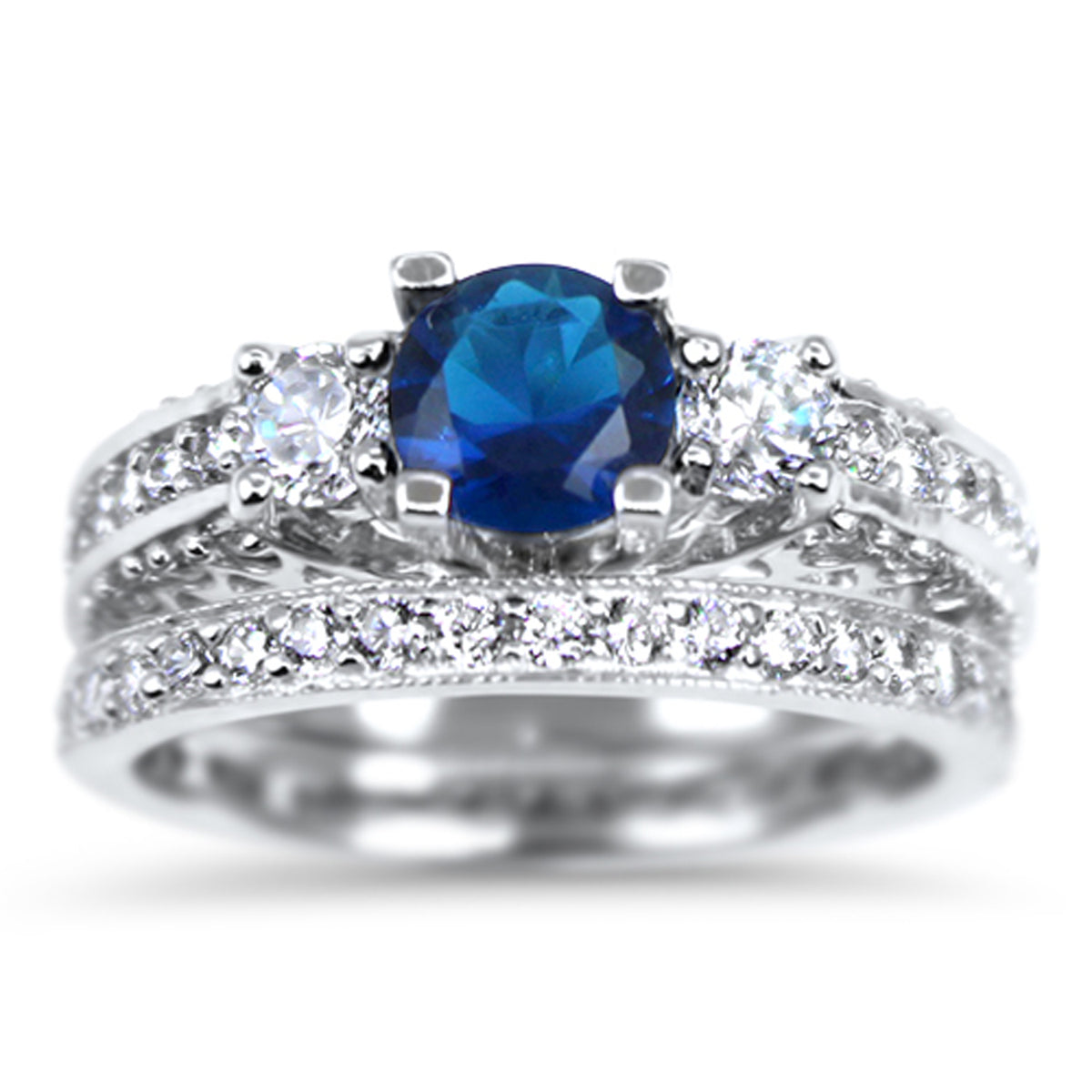 Front view of round Brilliant Simulated Sapphire Three Stone Sterling Silver Wedding and Engagement Ring Set | Style 3421