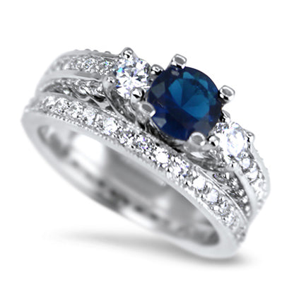 Alternate view of round Brilliant Simulated Sapphire Three Stone Sterling Silver Wedding and Engagement Ring Set | Style 3421